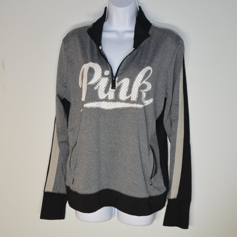 PINK "Ultimate" Athletic Pullover 3/4 Zip White Logo on Gray & Black Large Women